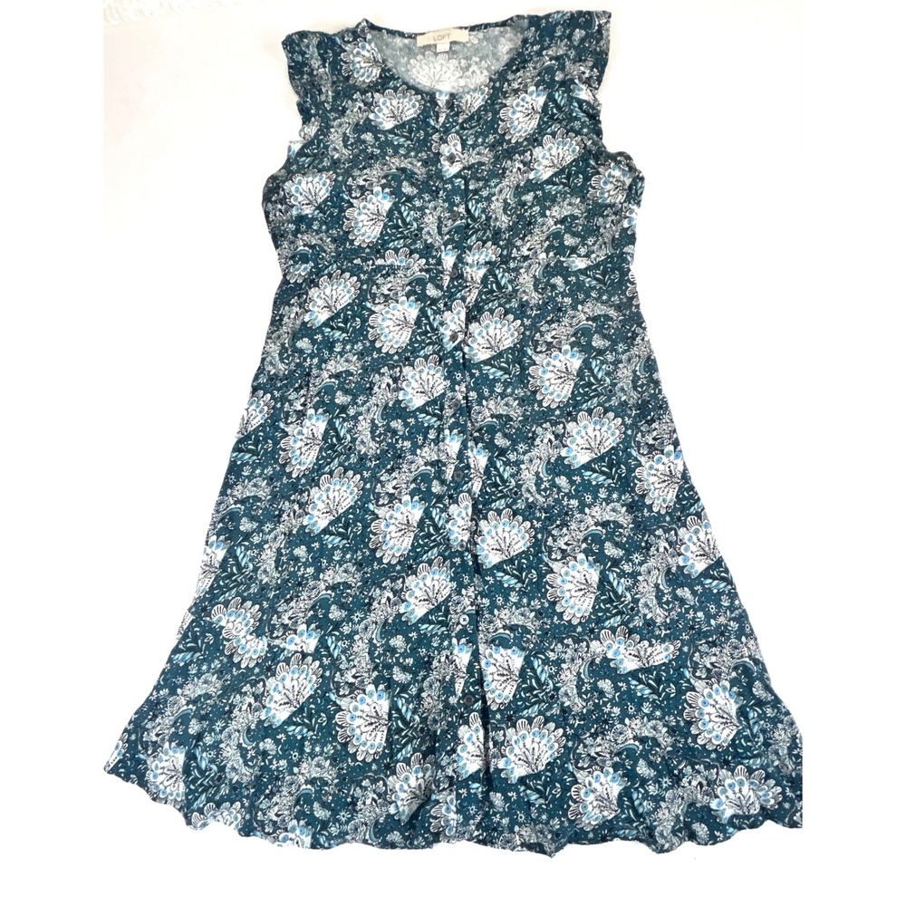 LOFT Women's‎ Teal Blue Floral Print Button Front Cap Sleeve Midi Dress Size 6M